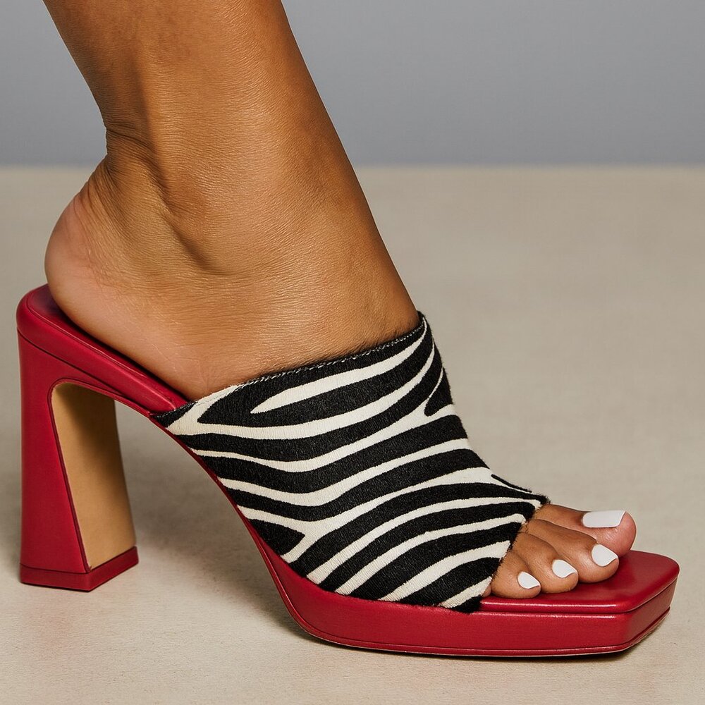 Jeffrey Campbell Genuine Calf Hair Zebra Mules • Red Block Heel • Rare | 8.5